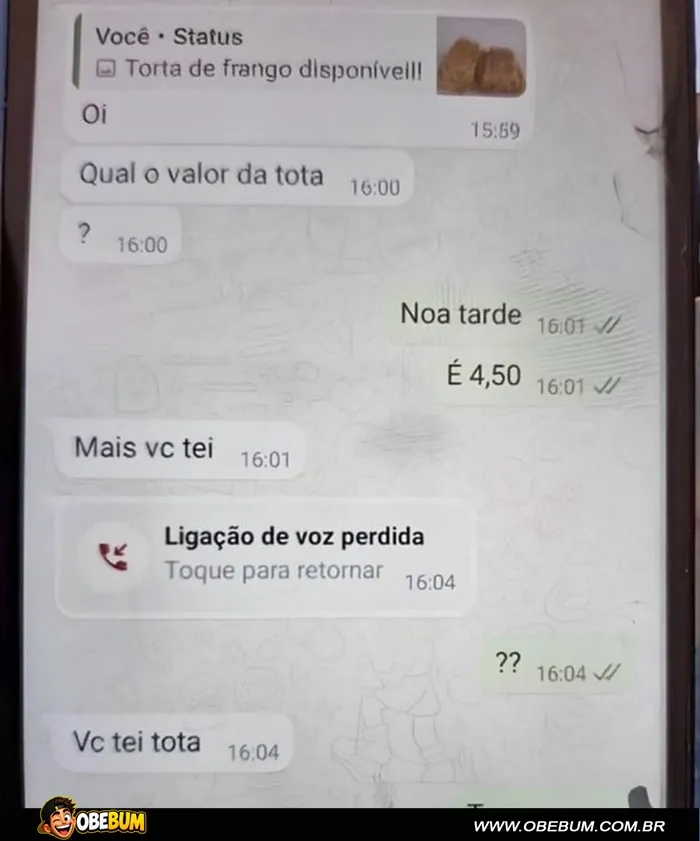 Conversa engraçada no WhatsApp sobre o preço de uma torta de frango