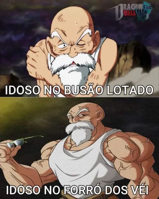 Meme engraçado mostrando o Mestre Kame como idoso no busão e no forró dos véi