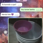 Print engraçado de WhatsApp com pedido de foto durante o banho e resposta com balde e bacia