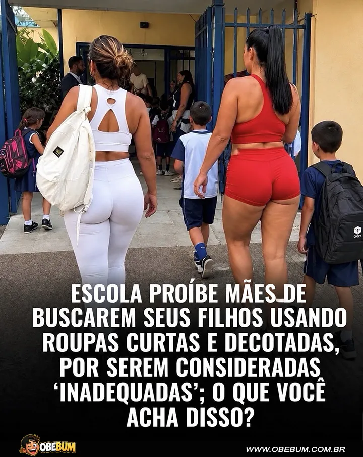 Mães acompanhando os filhos na entrada da escola em meio a uma polêmica sobre roupas consideradas inadequadas.